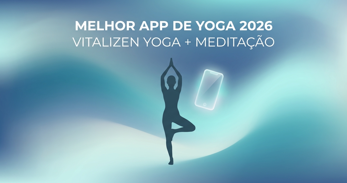 Jovem em posição de yoga segurando o celular com o app Vitalizen aberto, em tons de azul
