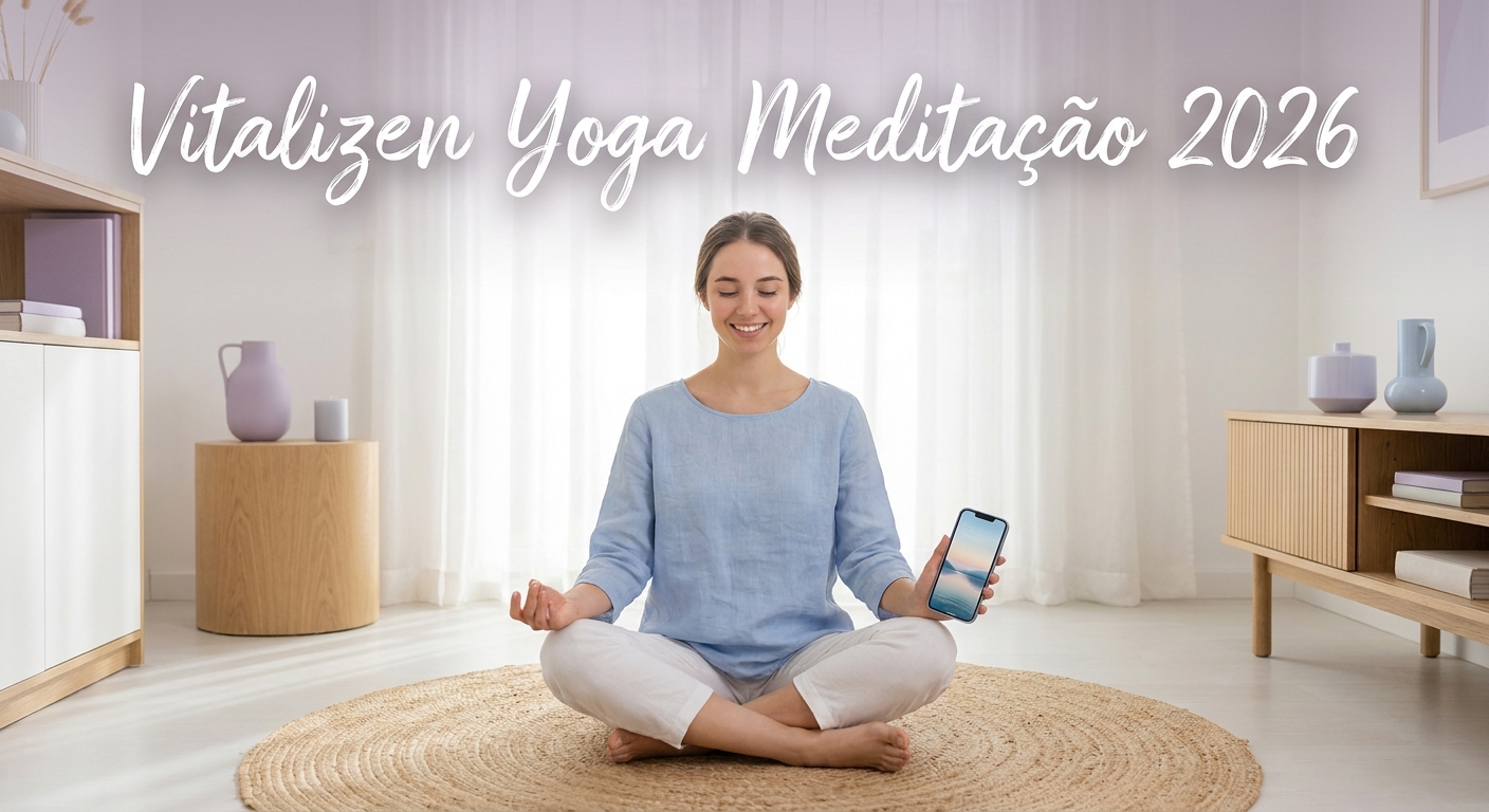 Jovem meditando com smartphone em ambiente calmo e iluminado - Vitalizen App Yoga e Meditação 2026