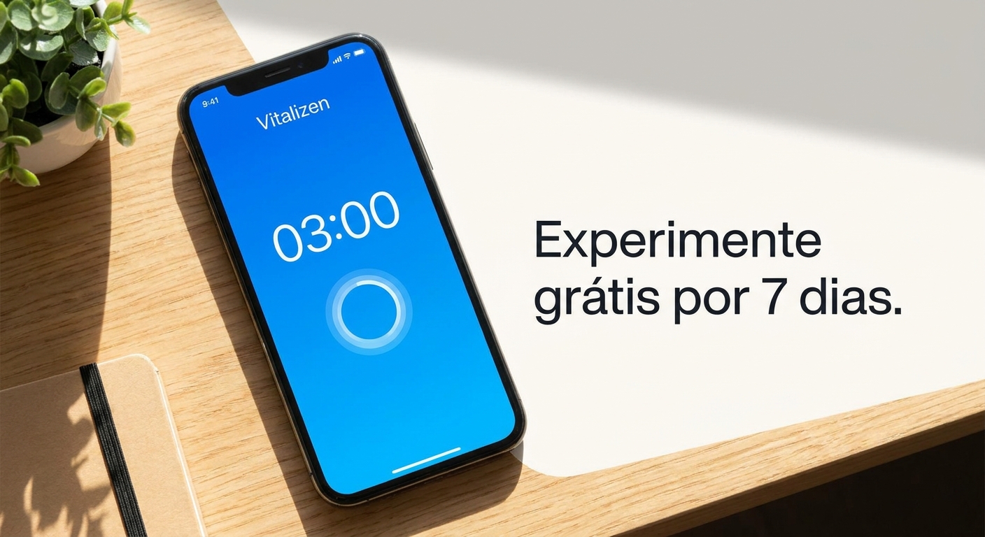 Mockup do app Vitalizen com meditação guiada curta para TDAH - Experimente grátis por 7 dias