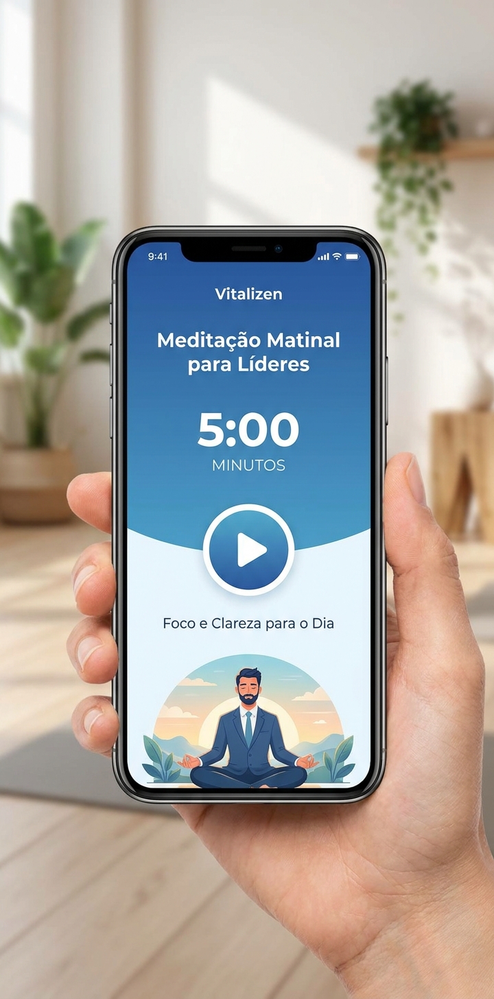 Mockup do app Vitalizen mostrando tela de meditação guiada matinal para líderes