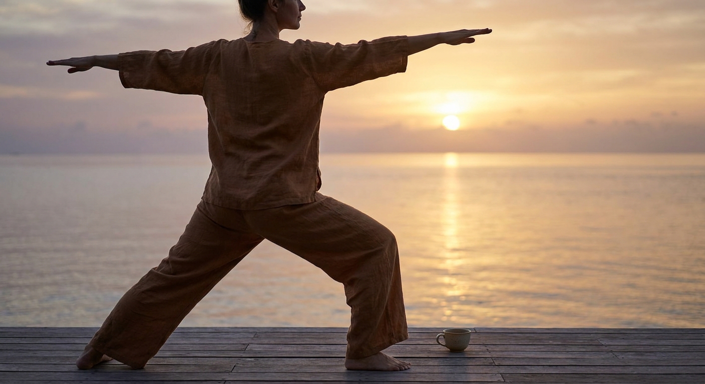 Woman practicing morning yoga and meditation at sunrise by the ocean