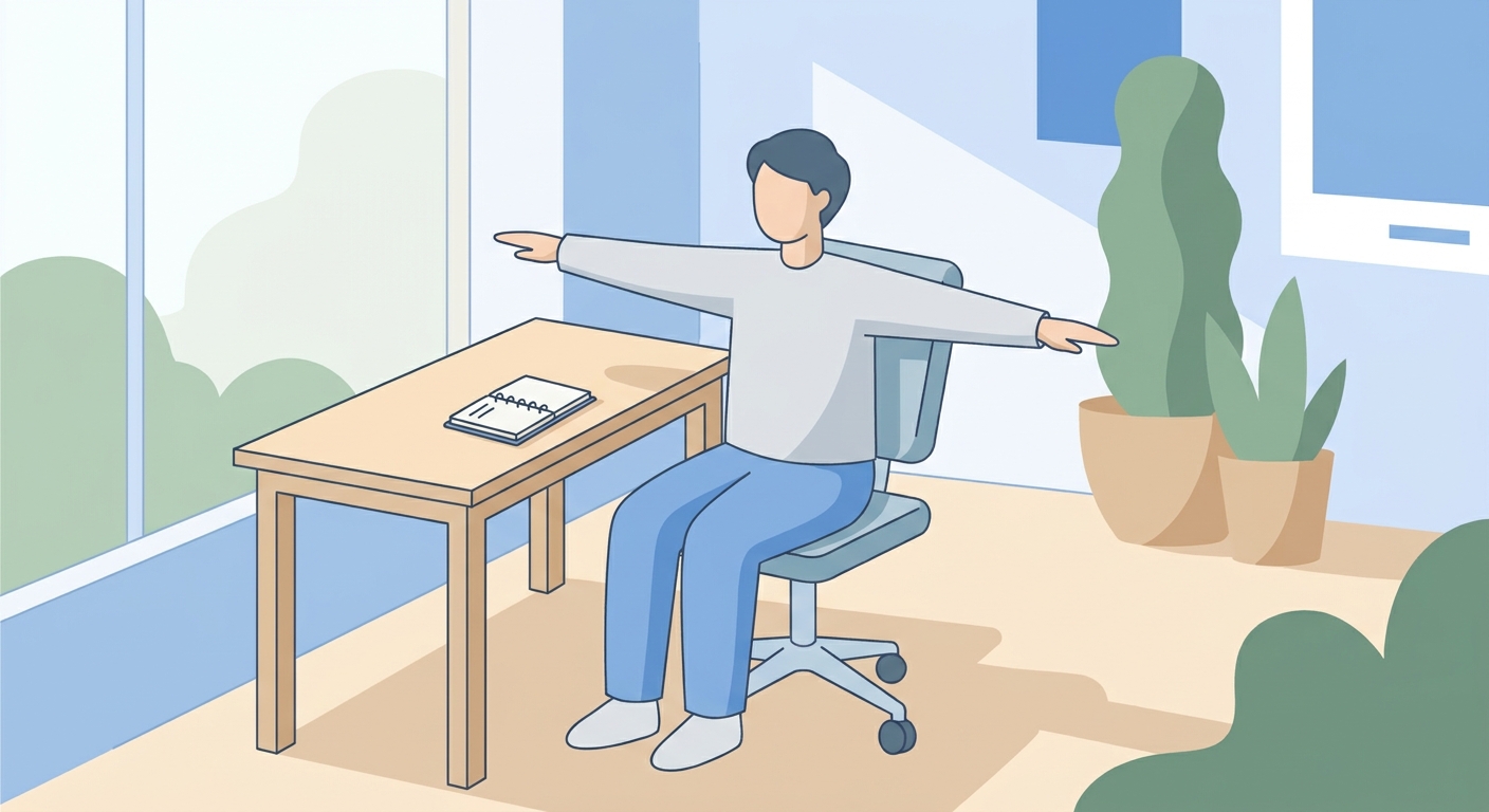Profissional remoto fazendo alongamento na cadeira durante pausa saudável no home office - Vitalizen Yoga e Meditação