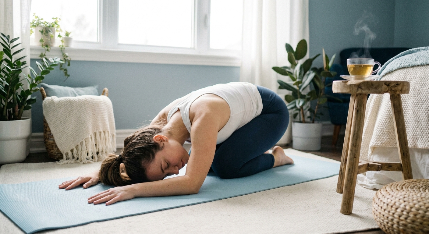 Mulher praticando a postura da criança (Balasana) para aliviar ansiedade e estresse emocional