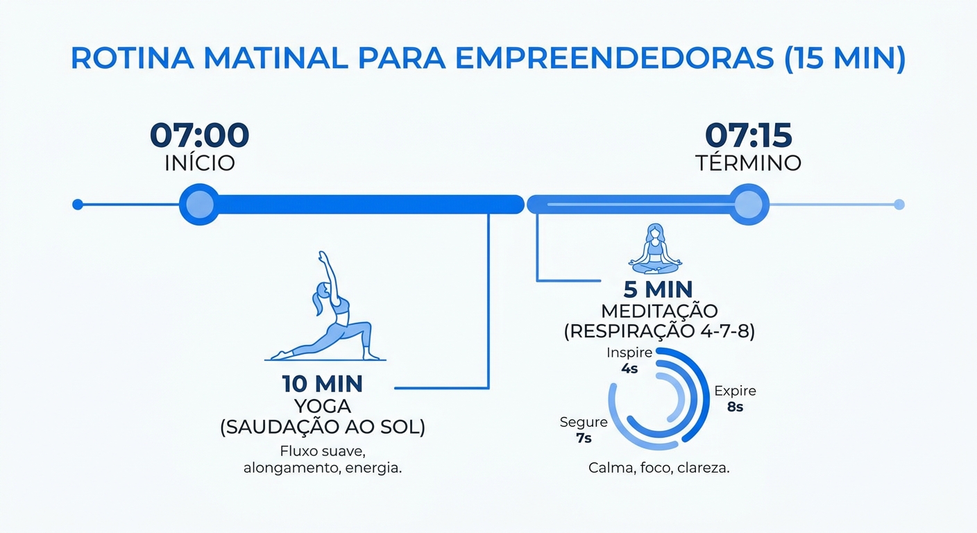 rotina matinal de yoga para mulheres que trabalham em casa - infográfico com 15 minutos de prática