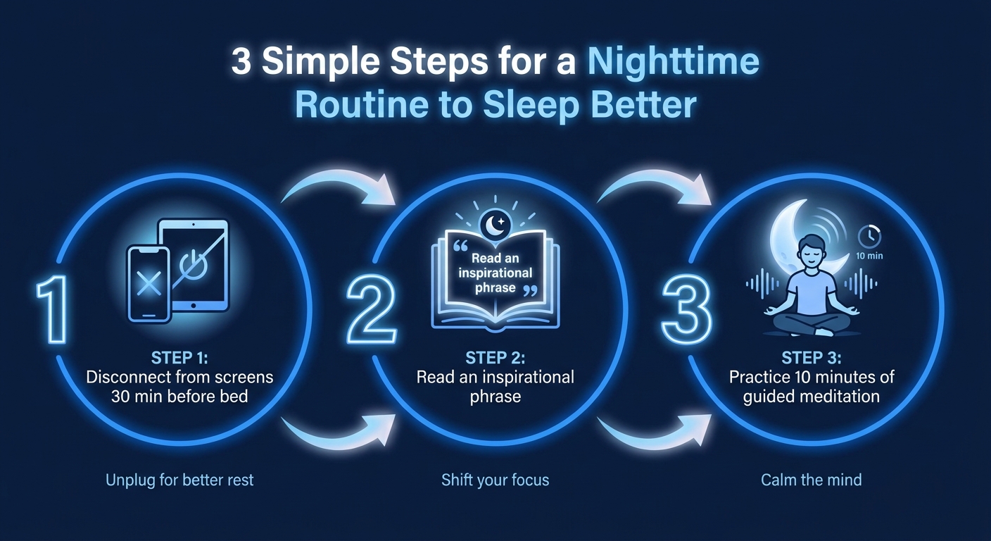 Infográfico com rotina noturna em 3 passos: desconectar das telas, ler frase de inspiração e meditar com Vitalizen.