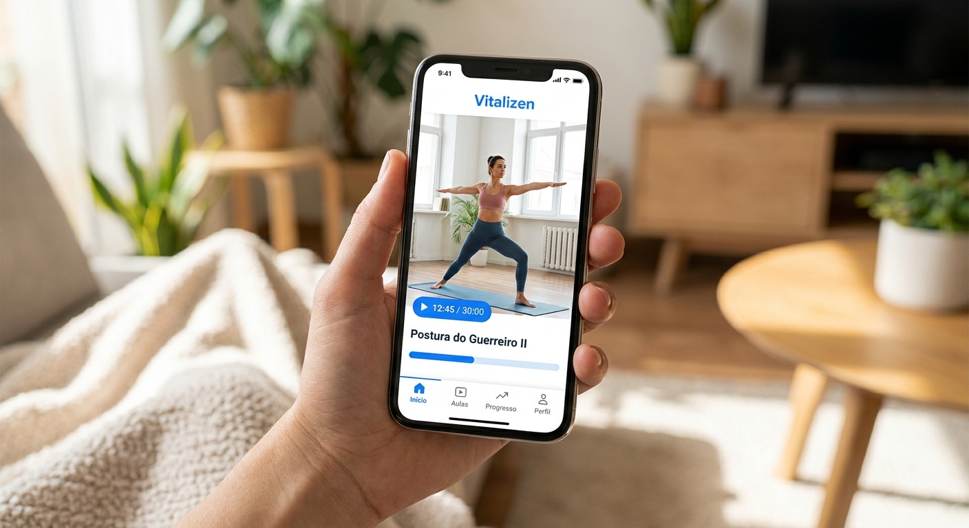 Tela do Vitalizen App mostrando aula de yoga para iniciantes em andamento no smartphone