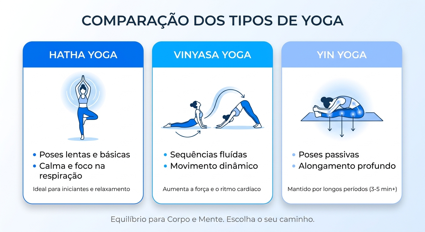 Infográfico comparativo dos tipos de yoga: Hatha, Vinyasa e Yin com cores azuis