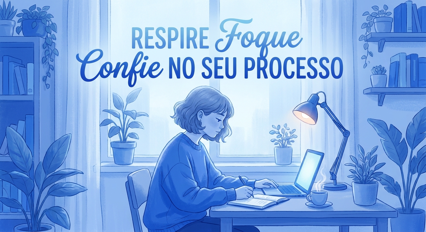 Jovem universitário estudando em ambiente calmo com tons azuis, frases de inspiração para ansiedade e foco nos estudos