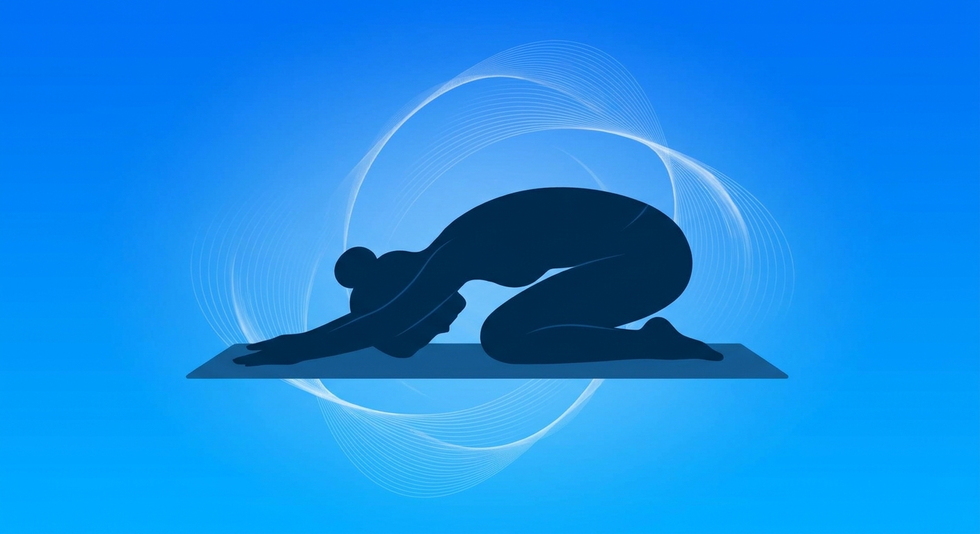 Yoga para ansiedade: silhueta em postura da criança com ondas sonoras suaves