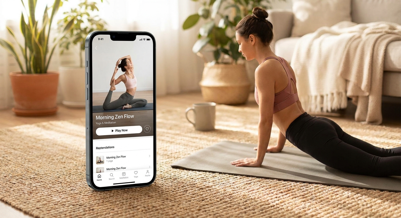 Vitalizen yoga and meditation app interface on smartphone showing a guided practice