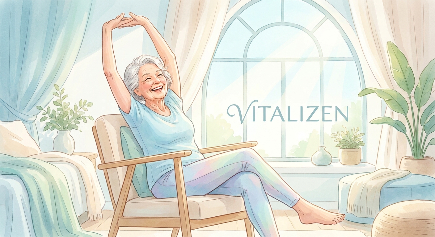 Idosa ativa sorrindo enquanto pratica yoga na cadeira em ambiente claro e acolhedor - Vitalizen