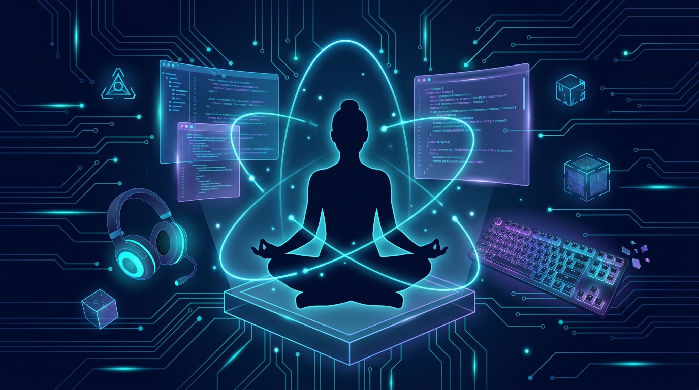 Yoga para gamers - silhueta meditando com elementos digitais neon azul, headset e telas flutuantes
