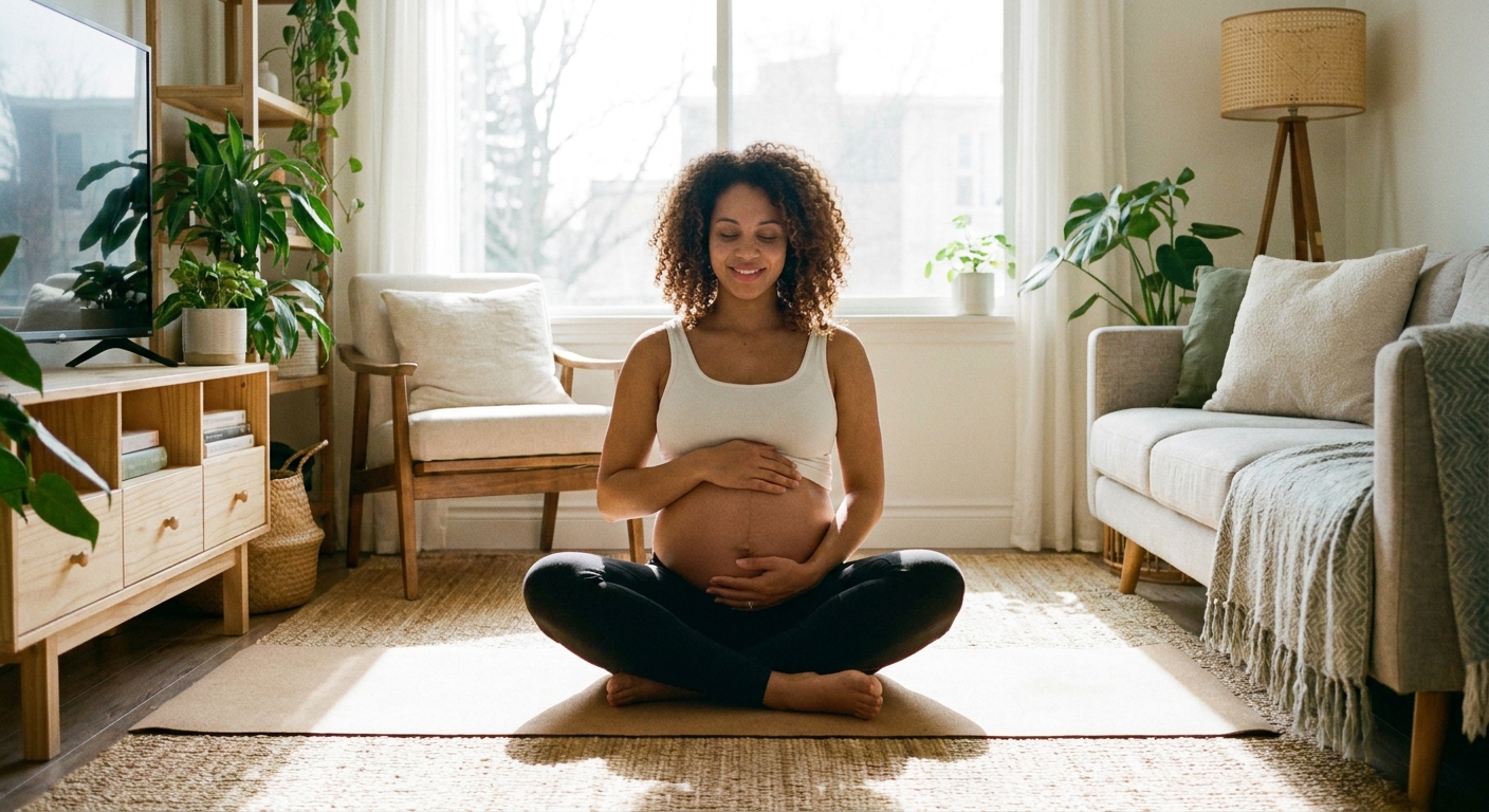 Gestante praticando yoga pré-natal seguro em casa com o app Vitalizen