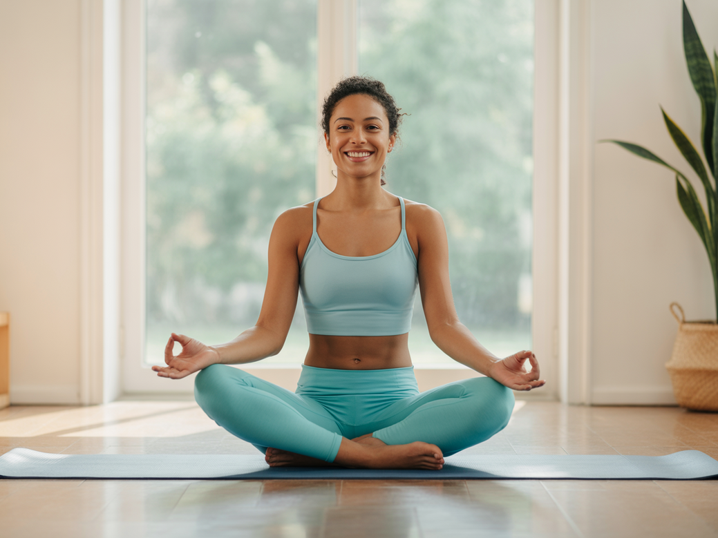 Gestante praticando uma postura de yoga para gestantes em casa com o auxílio de um aplicativo