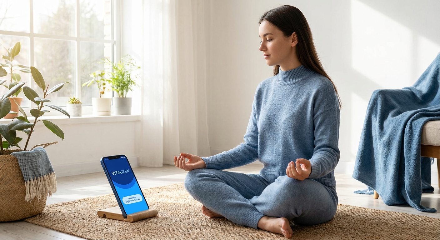 Jovem meditando com celular mostrando o app Vitalizen em ambiente calmo e iluminado