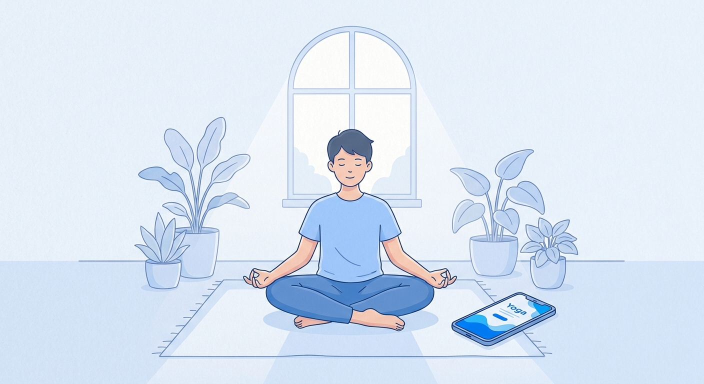 Pessoa jovem meditando em ambiente calmo com smartphone ao lado mostrando o app Vitalizen