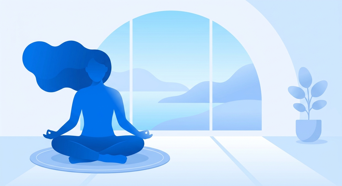 Jovem sentado em pose de yoga Sukhasana em ambiente calmo com luz natural e tons azuis