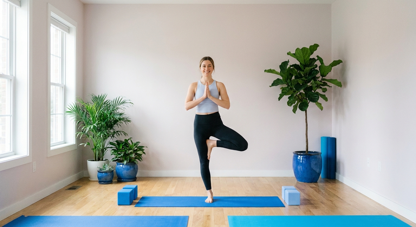 Mulher praticando yoga em ambiente calmo e iluminado