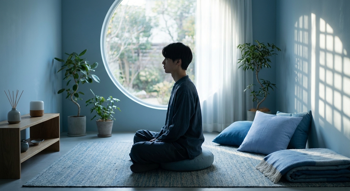 Pessoa meditando em posição de lótus em ambiente aconchegante com luz natural e tons azulados