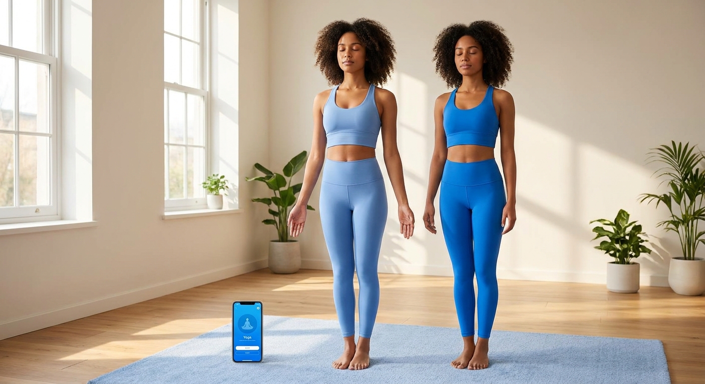 Mulher jovem praticando postura de árvore - melhor tipo de yoga para iniciantes com app Vitalizen