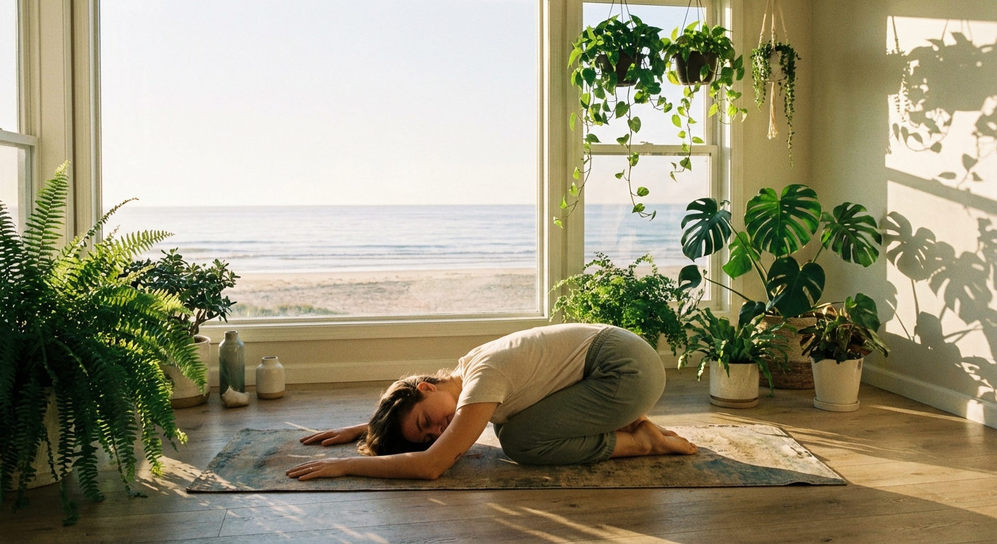 Mulher praticando yoga para iniciantes em ambiente calmo e iluminado