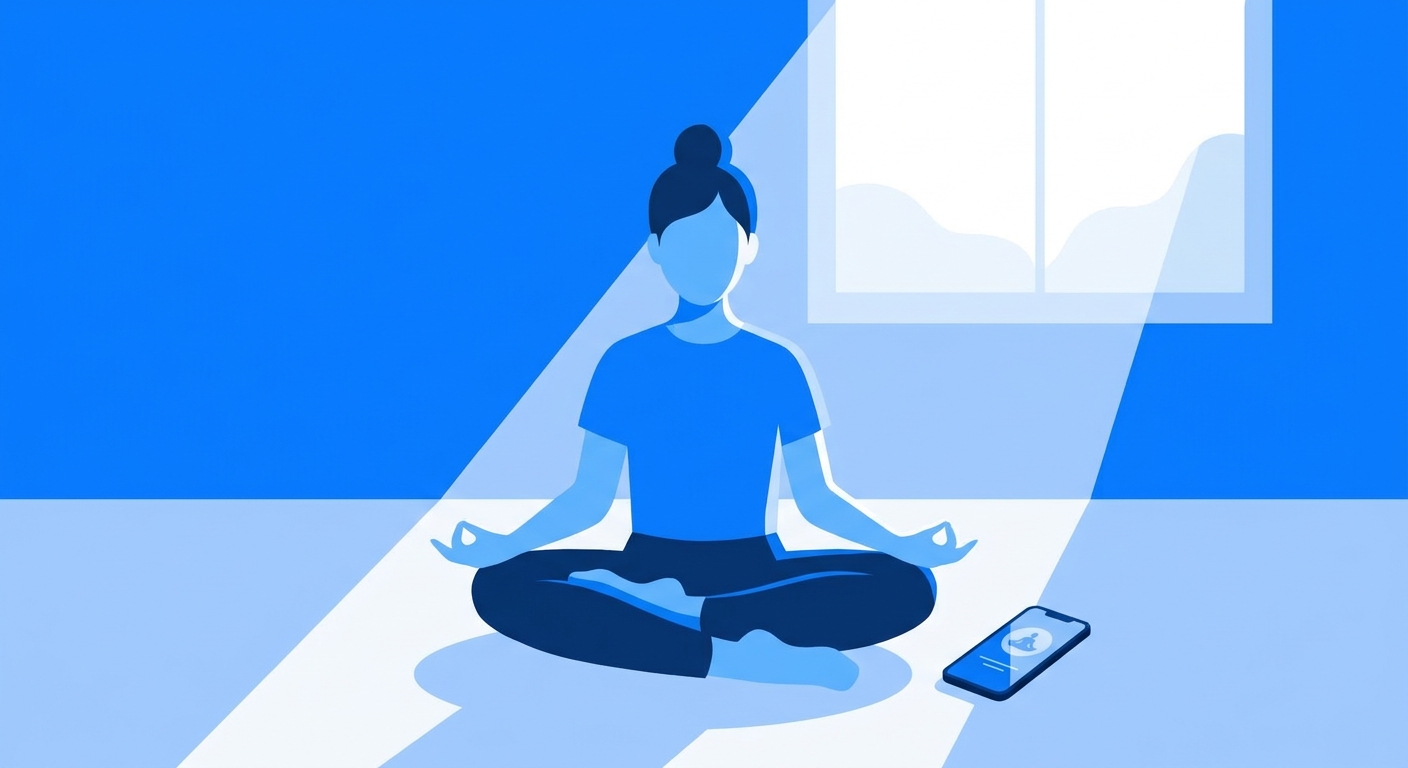 Jovem praticando yoga e meditação com smartphone ao lado em ambiente tranquilo com tons azuis