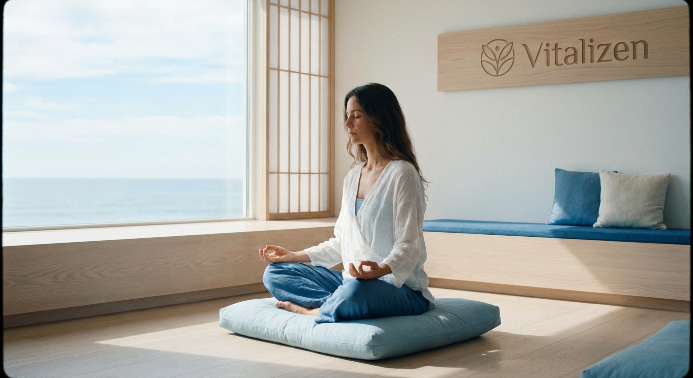 Pessoa praticando yoga e meditação em ambiente tranquilo, ilustrando bem-estar e redução de estresse