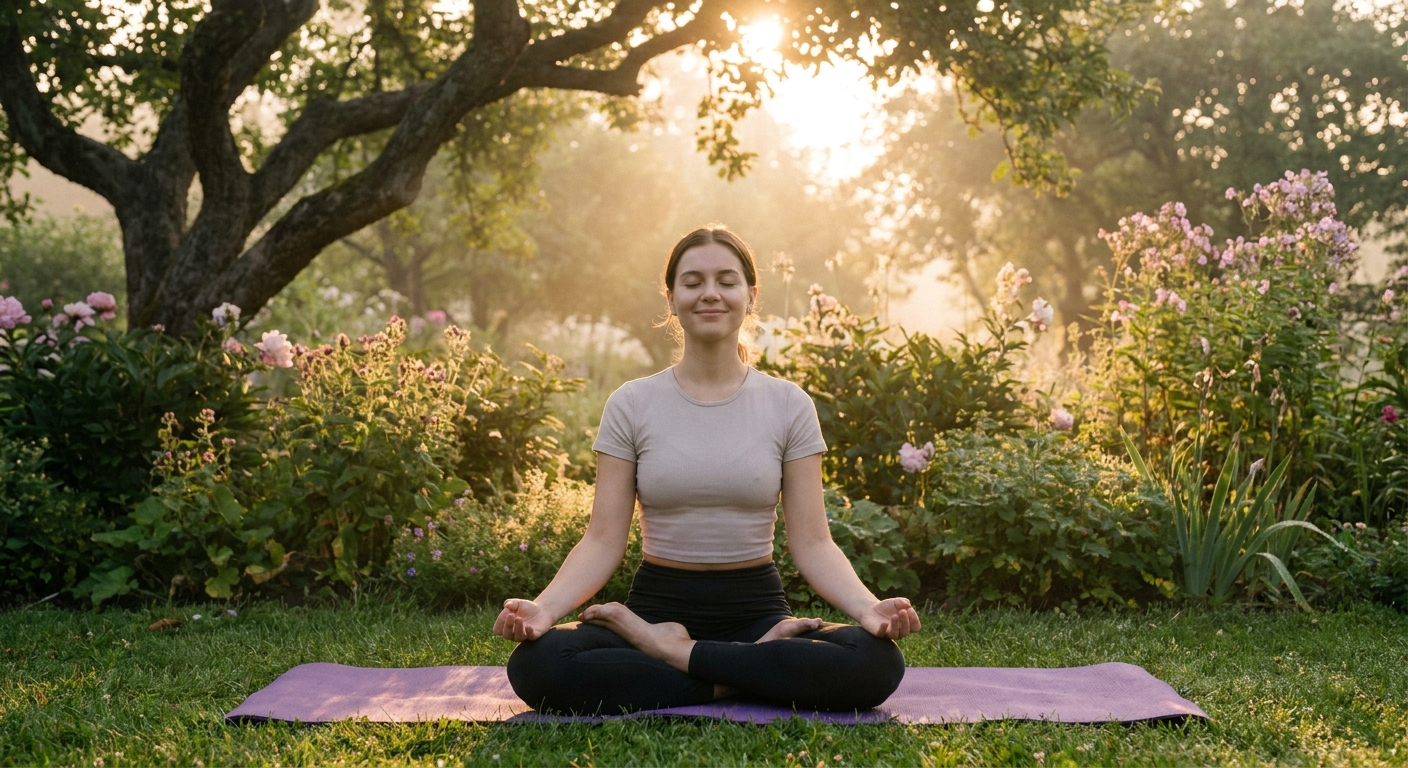 Mulher praticando yoga em meio à natureza, transmitindo paz e bem-estar
