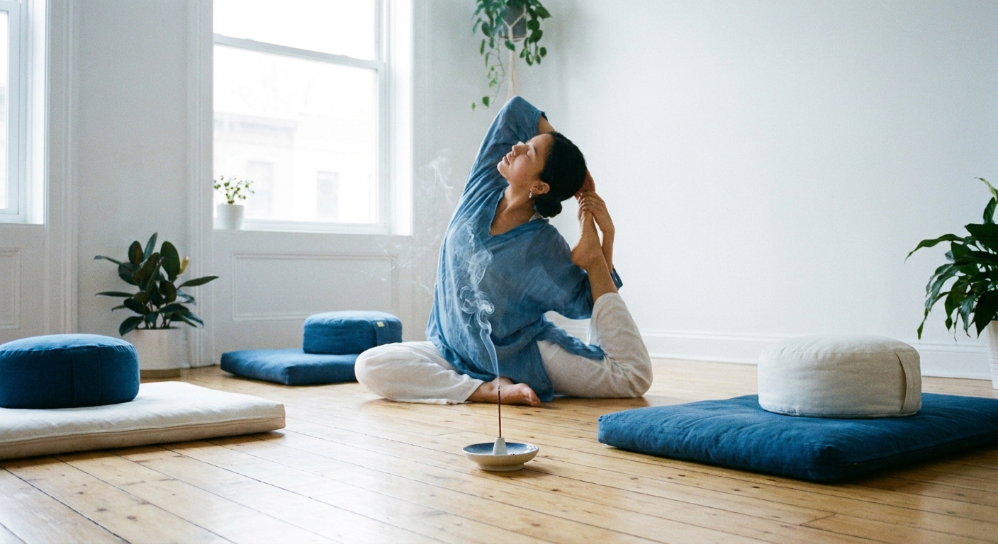 Pessoa praticando yoga em ambiente tranquilo e iluminado