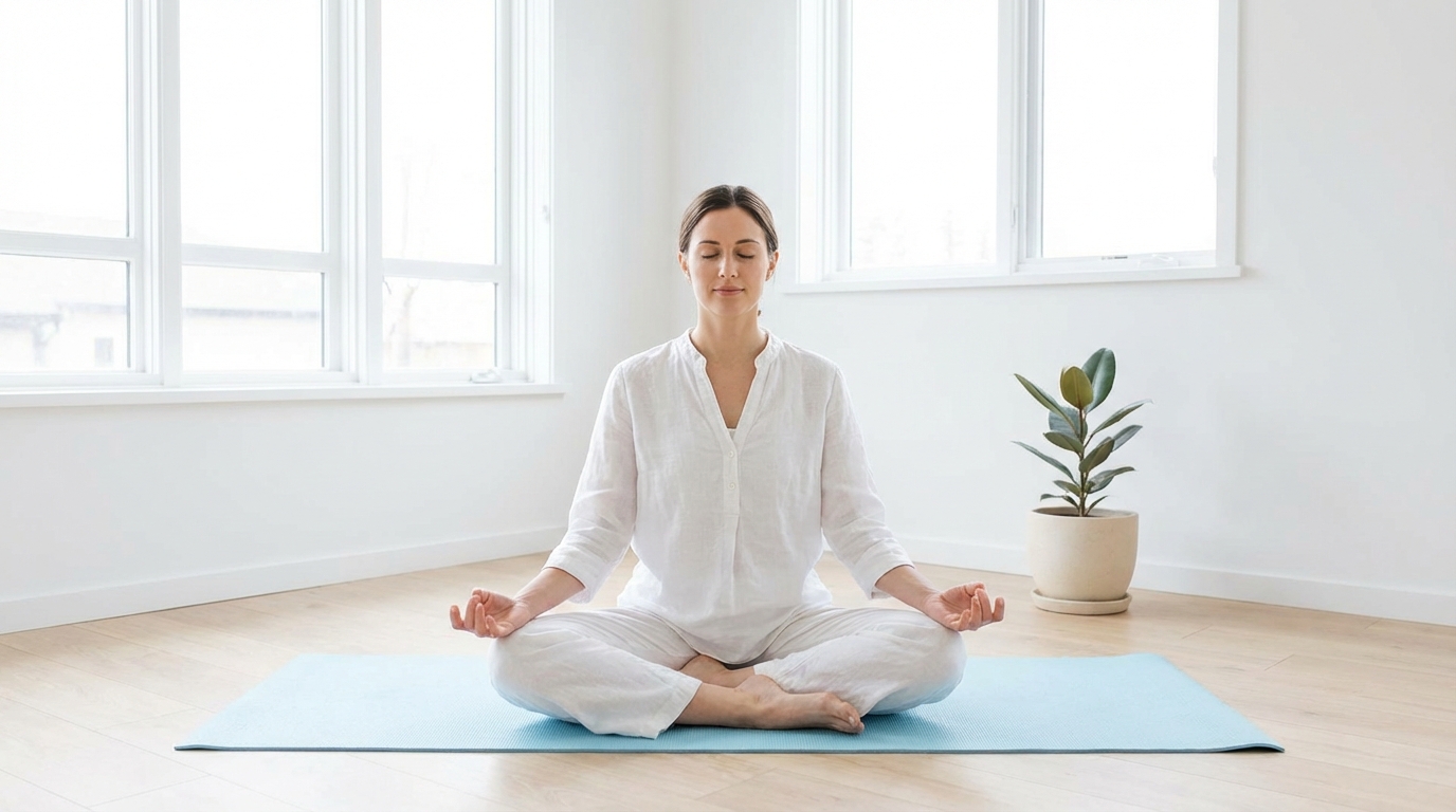 Mulher praticando yoga para iniciantes em ambiente calmo, representando bem-estar e meditação guiada pelo app Vitalizen