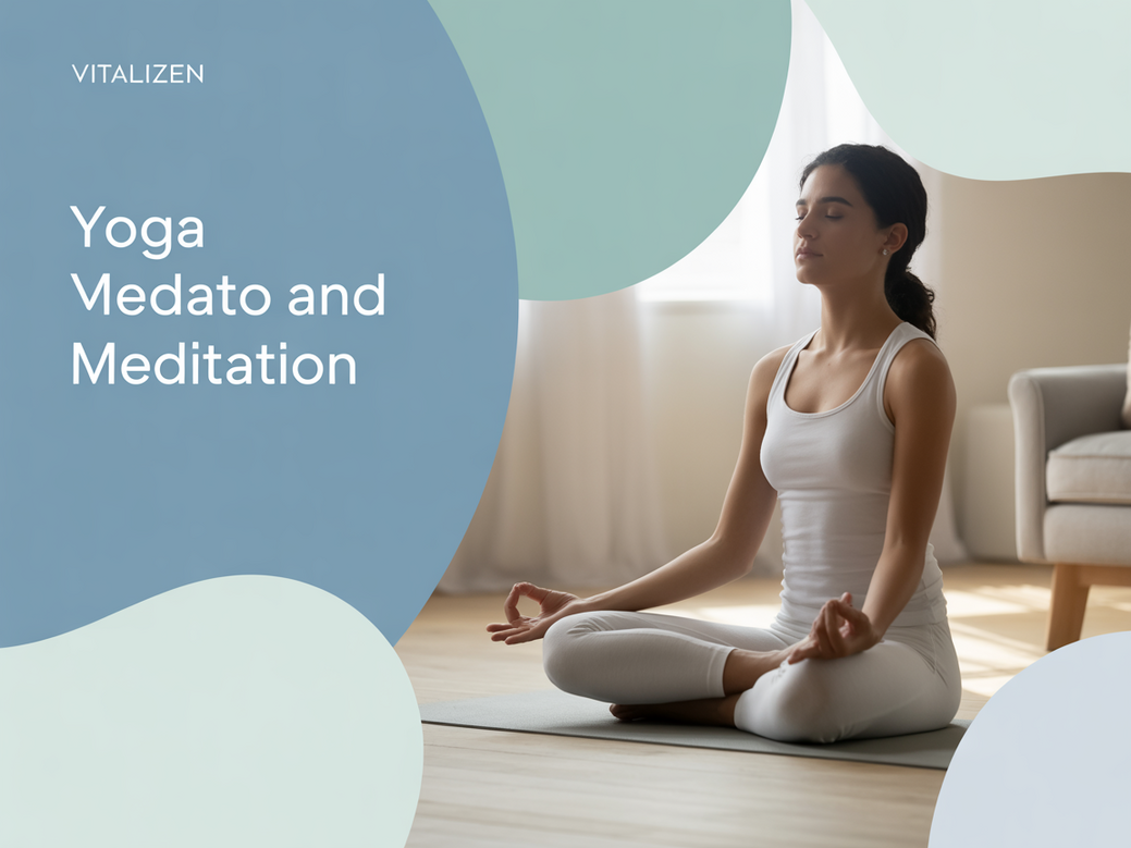 Mulher praticando sua rotina de yoga e meditação em um ambiente tranquilo, simbolizando o bem-estar.