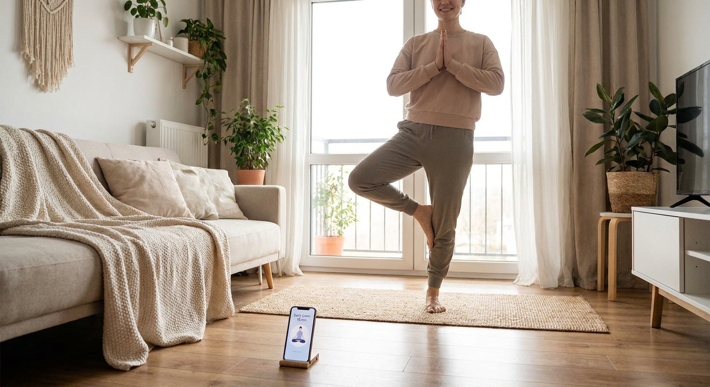 Person doing tree pose yoga at home with Vitalizen app on floor