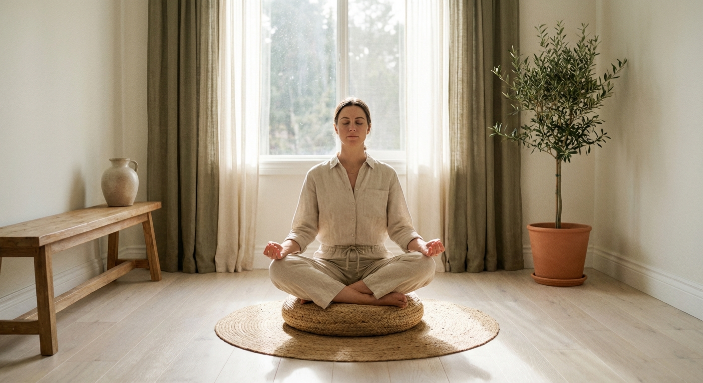 Peaceful home yoga and meditation space with natural lighting and plants
