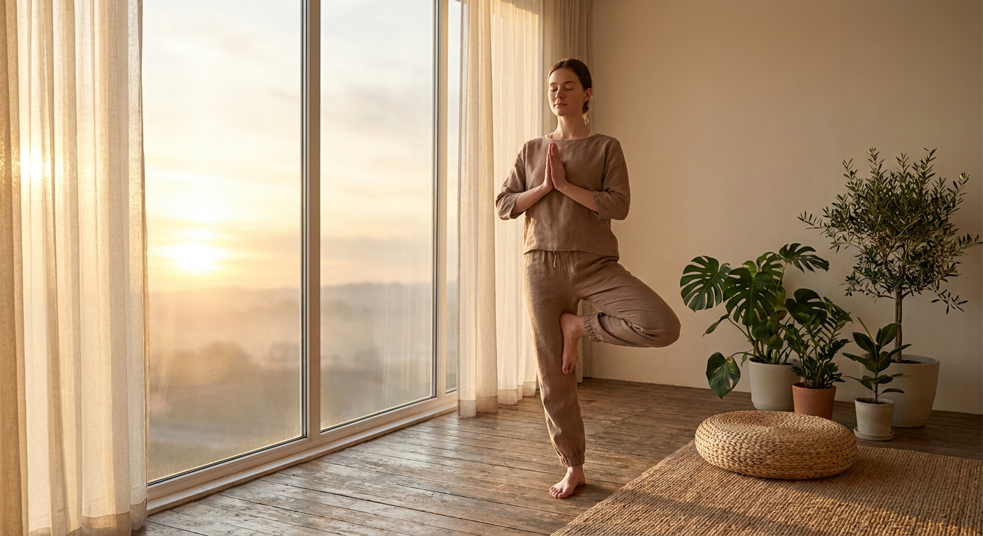 Woman practicing yoga at sunrise with meditation cushion and plants, creating a calm wellness atmosphere with Vitalizen App