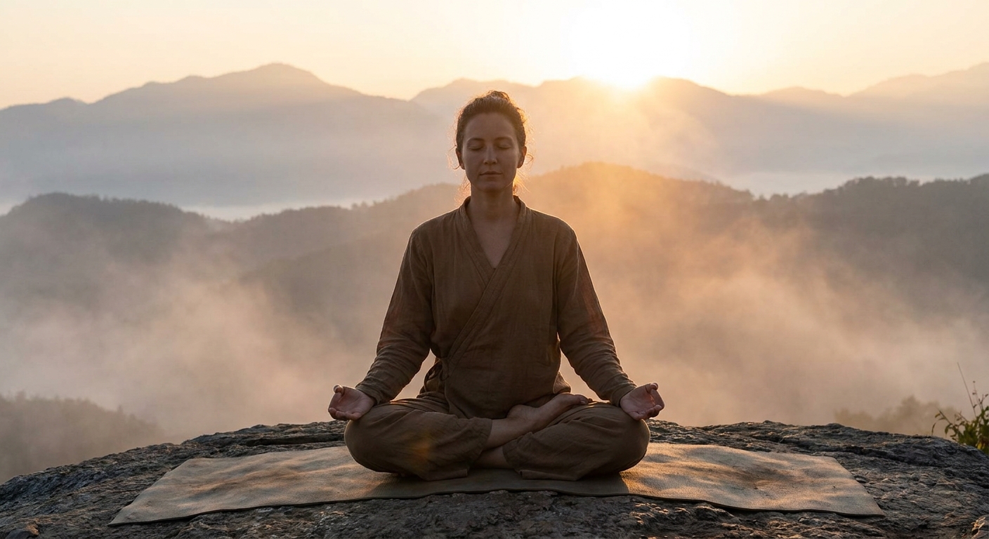 Person meditating at sunrise doing morning yoga and meditation routine