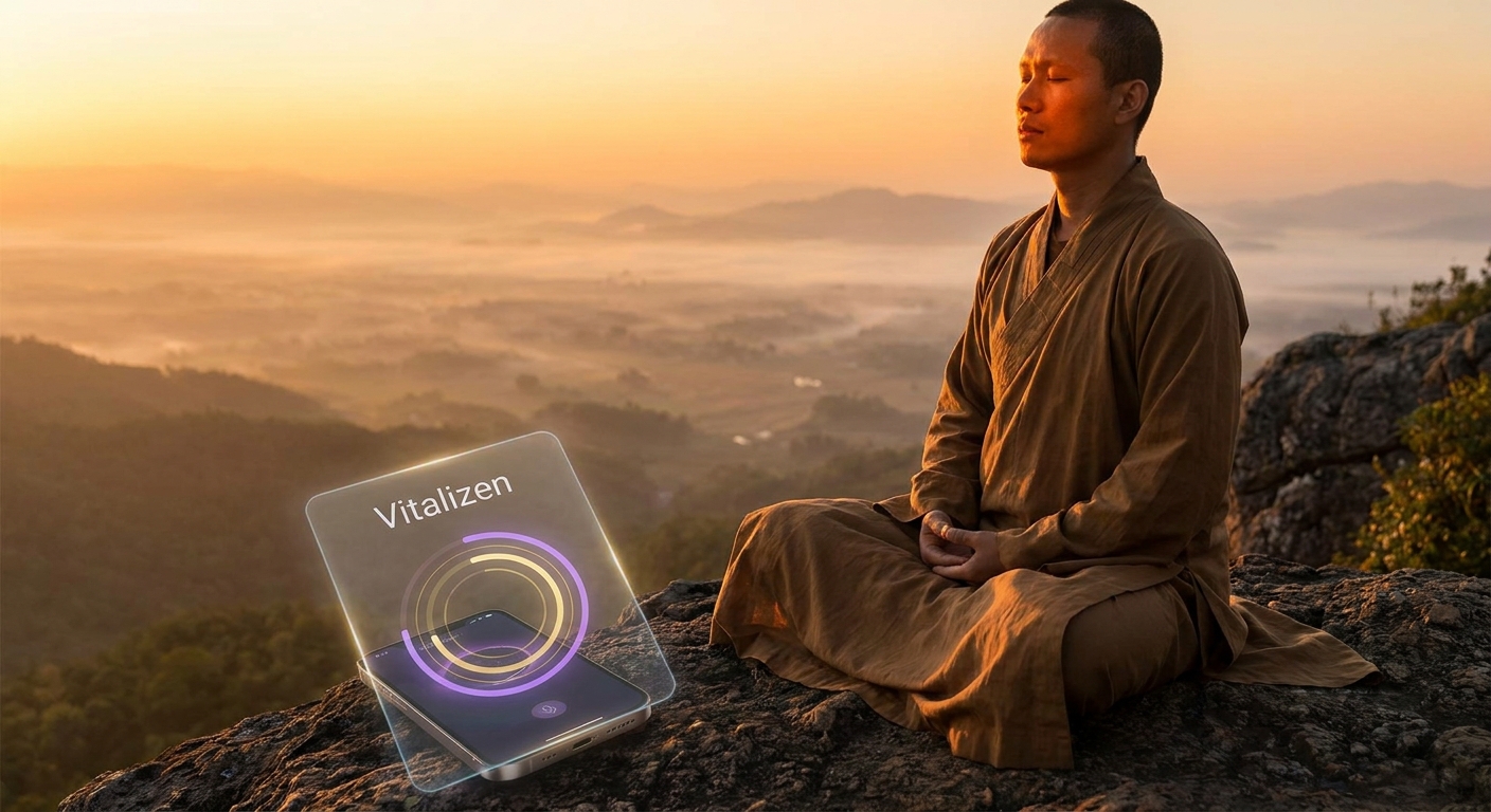 Person practicing morning yoga and meditation at sunrise with Vitalizen app concept