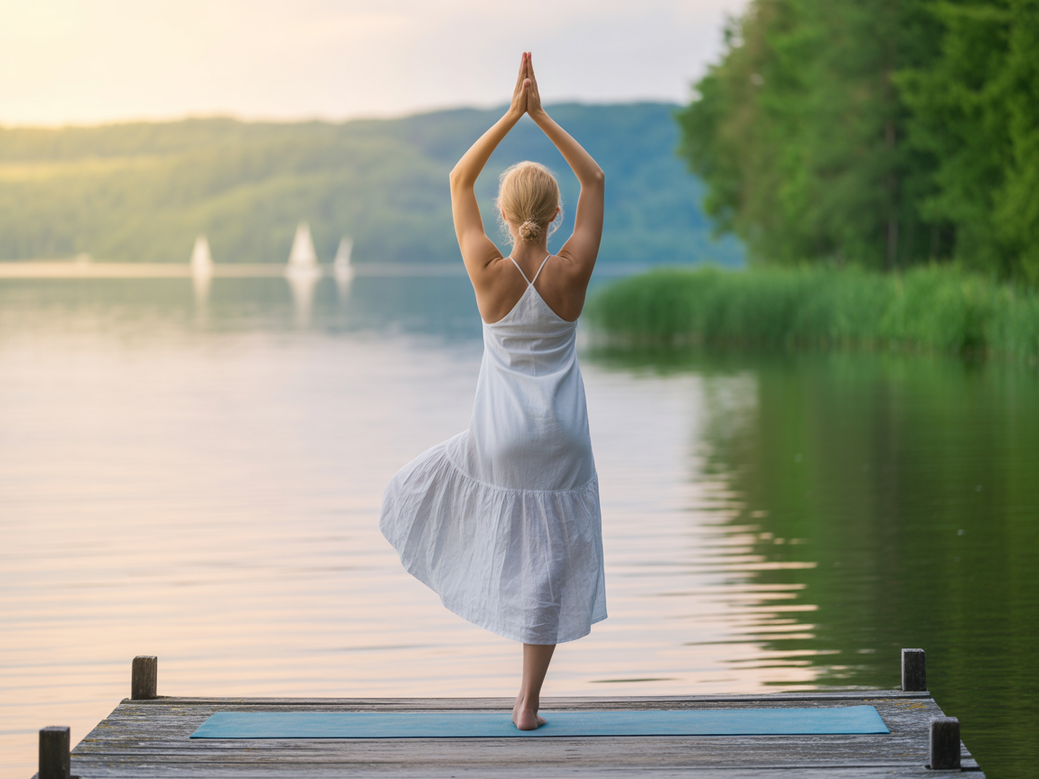 A serene person practicing yoga and meditation, symbolizing the balanced life achieved with the Vitalizen App