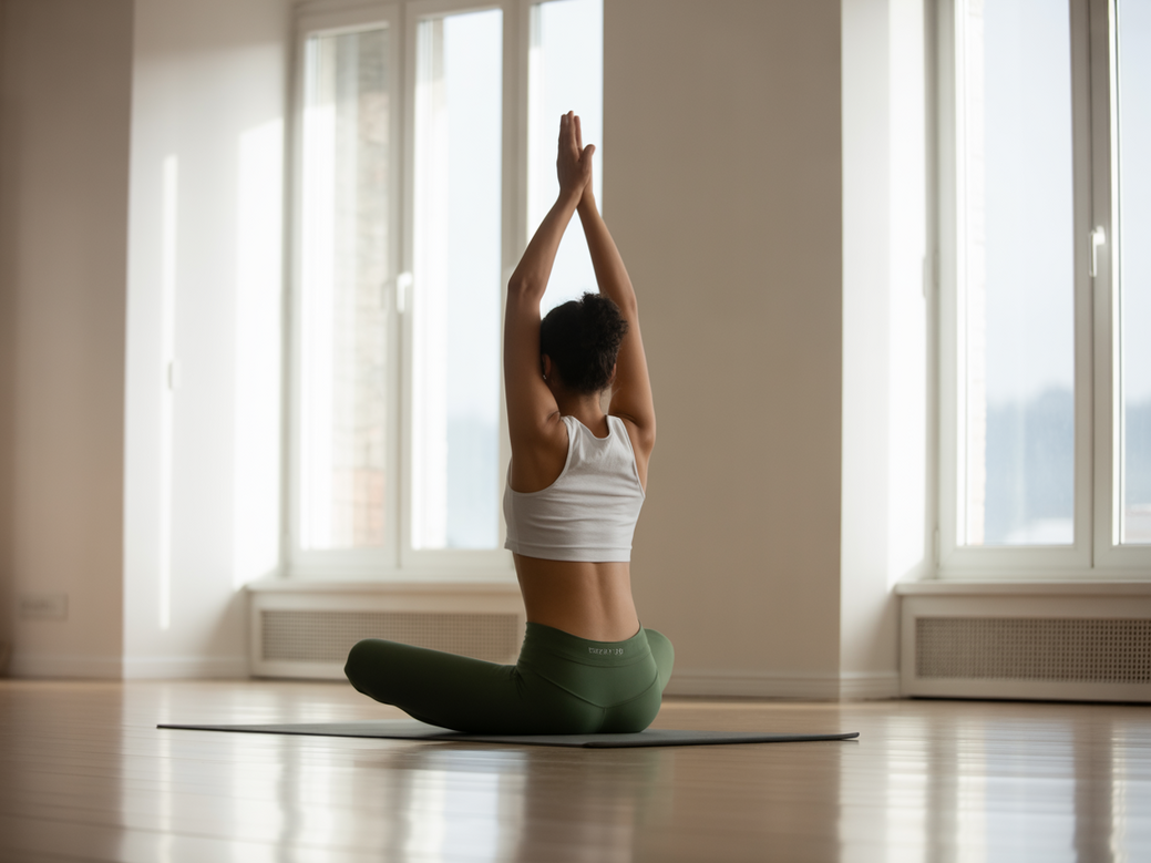 A person practicing yoga and meditation in a serene environment, showcasing the peace attainable with the Vitalizen App.