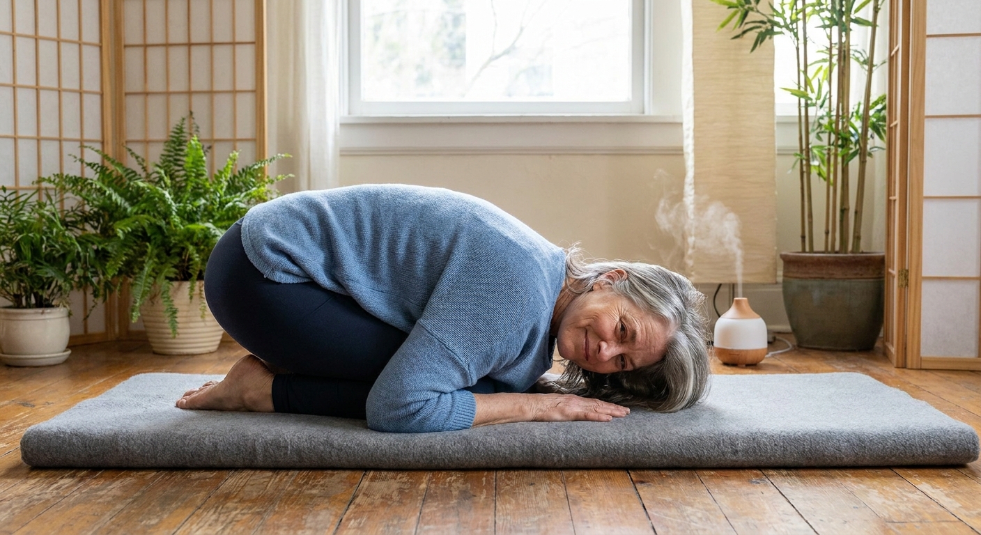 Mulher 50+ praticando yoga suave em ambiente calmo e acolhedor