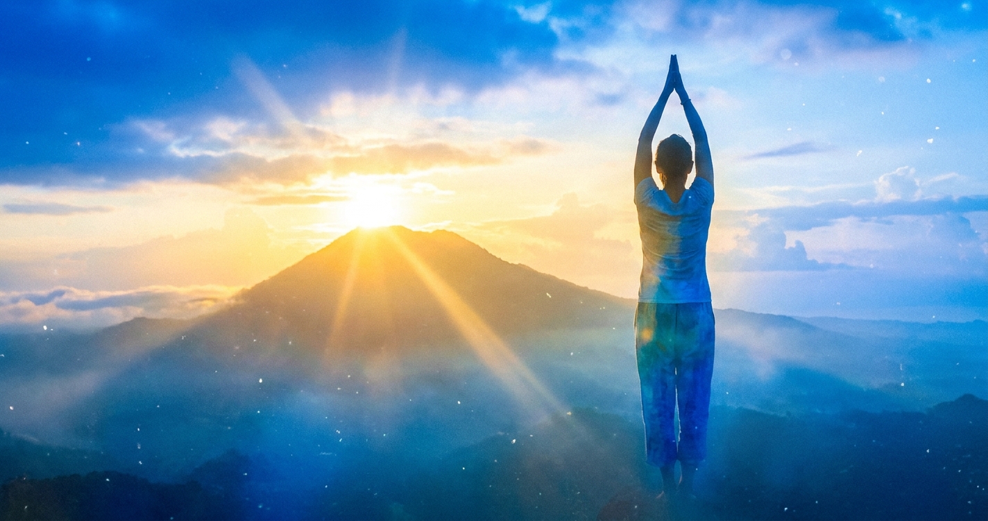 Yoga e movimento corporal ao amanhecer - postura da montanha em conexão espiritual