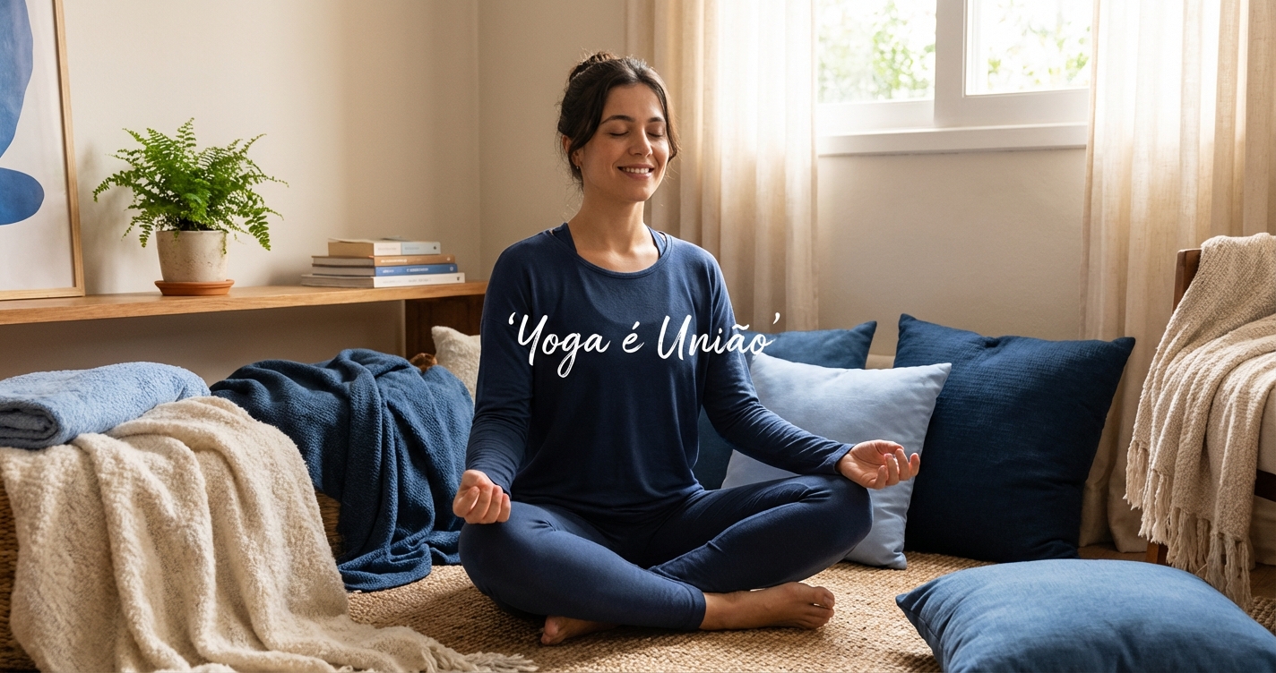Mulher iniciante praticando yoga em ambiente tranquilo, representando a filosofia e espiritualidade do yoga além das posturas físicas