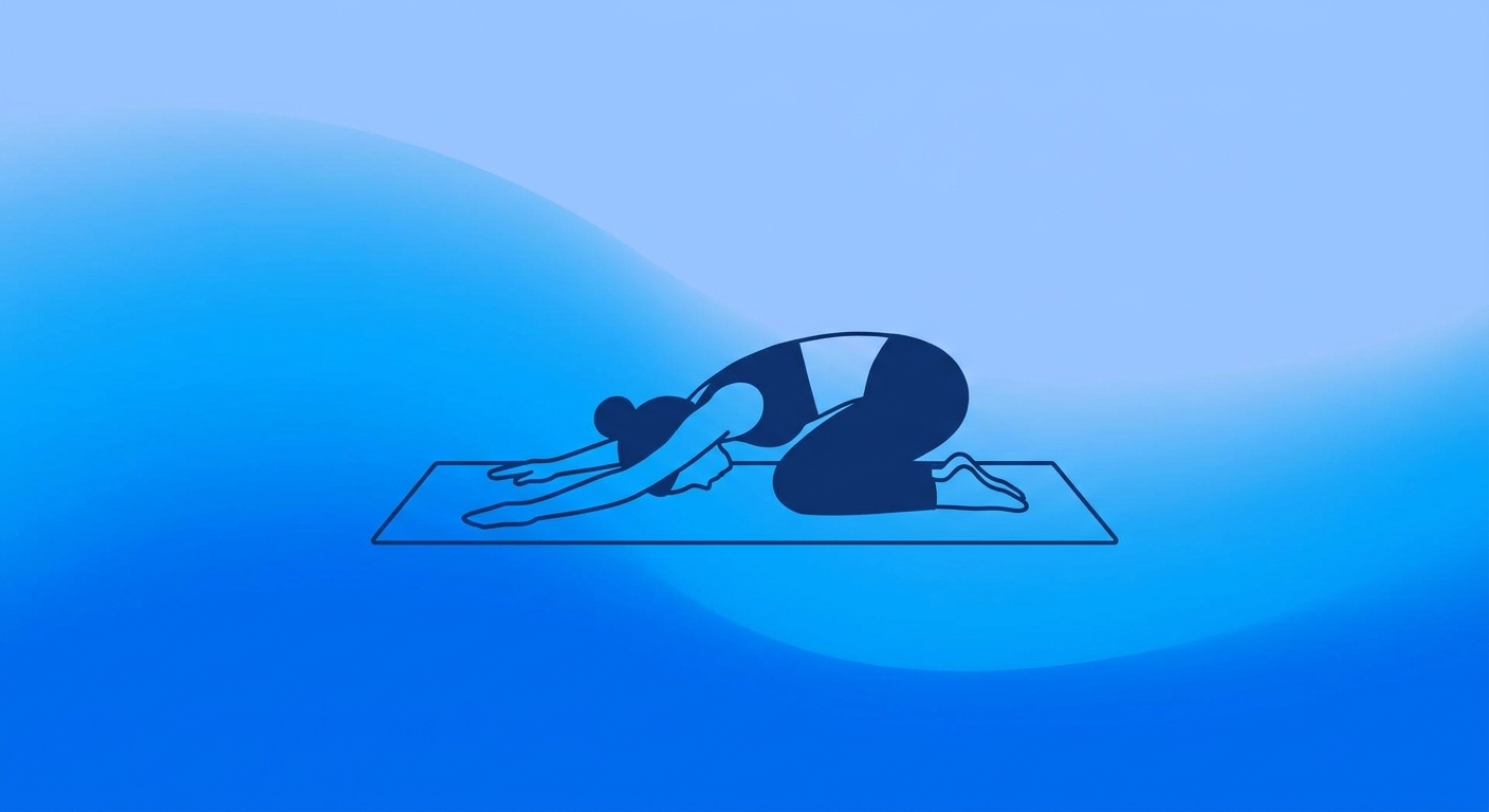 Mulher em postura de criança (Balasana) praticando yoga restaurativo, fundo azul calmante - Vitalizen Yoga e Meditação
