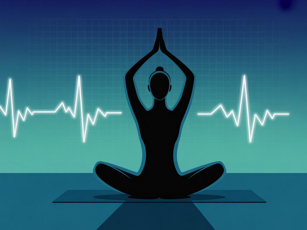 A person practicing yoga for high blood pressure with a smartphone displaying the Vitalizen app, symbolizing the integration of technology and heart health.