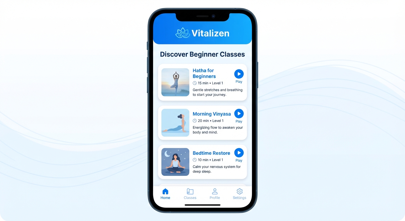 Vitalizen App interface for meditation and yoga