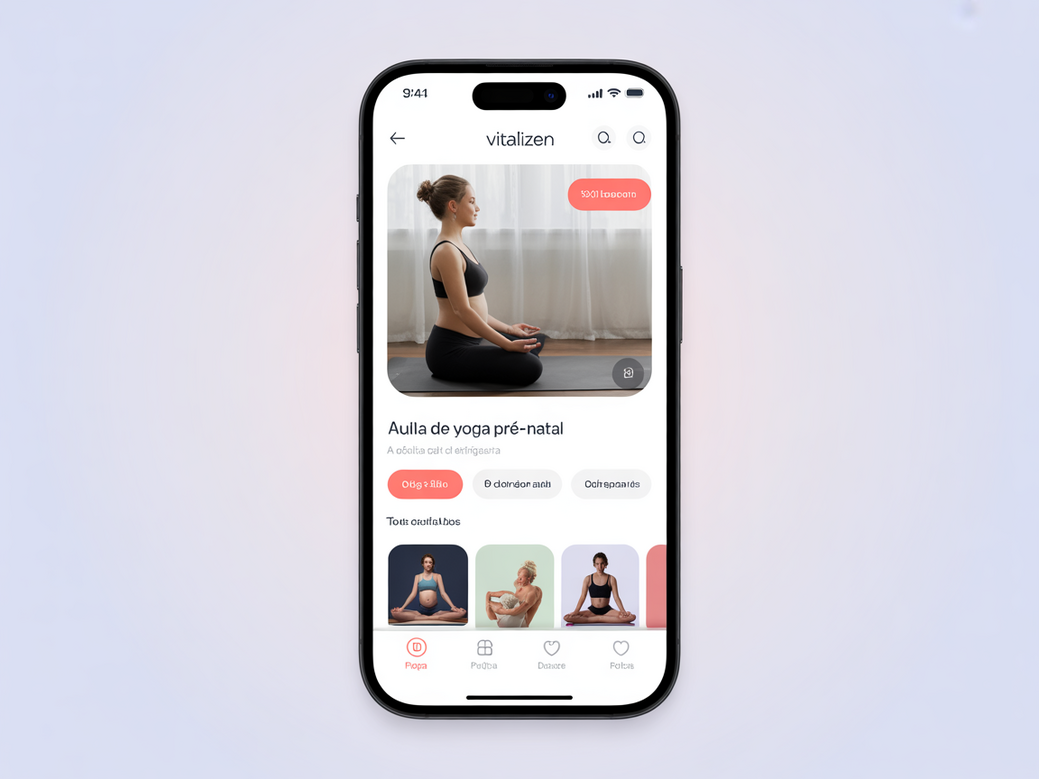 Interface do Vitalizen App exibindo uma aula de yoga pré-natal, destacando a facilidade de uso do aplicativo.