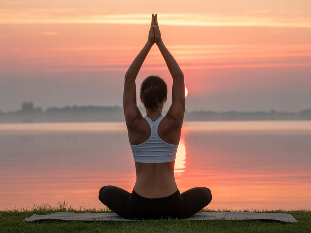 A person practicing yoga at sunrise, illustrating the core of yoga and meditation.