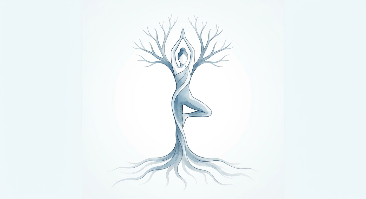 Ilustração da Postura da Árvore (Vrikshasana) em tons de azul