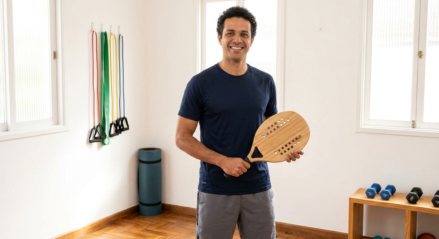 Instrutor de treino em casa sorrindo com raquete de Beach Tennis e equipamentos simples como elástico e colchonete