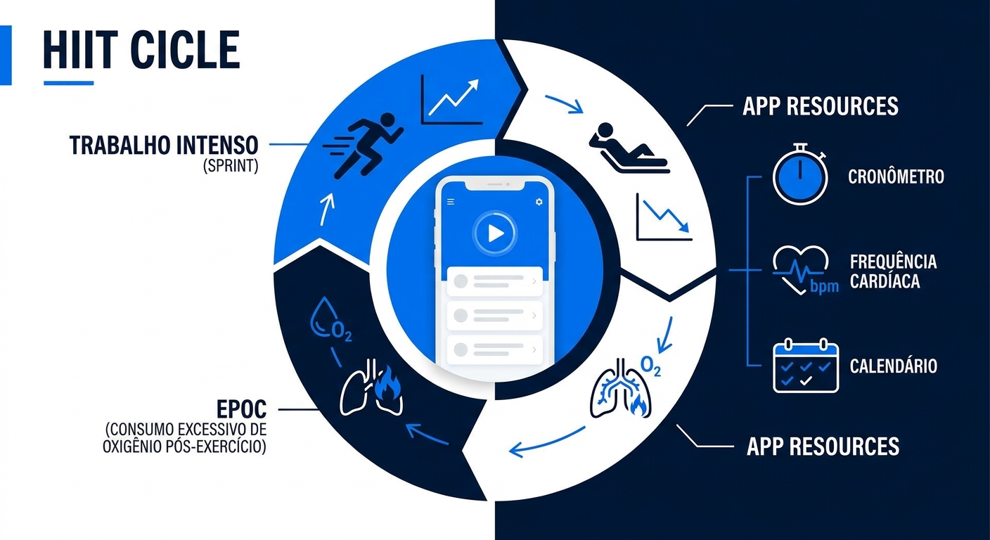 Infográfico do ciclo do treino HIIT com cronômetro, frequência cardíaca e calendário do Personal Millbody