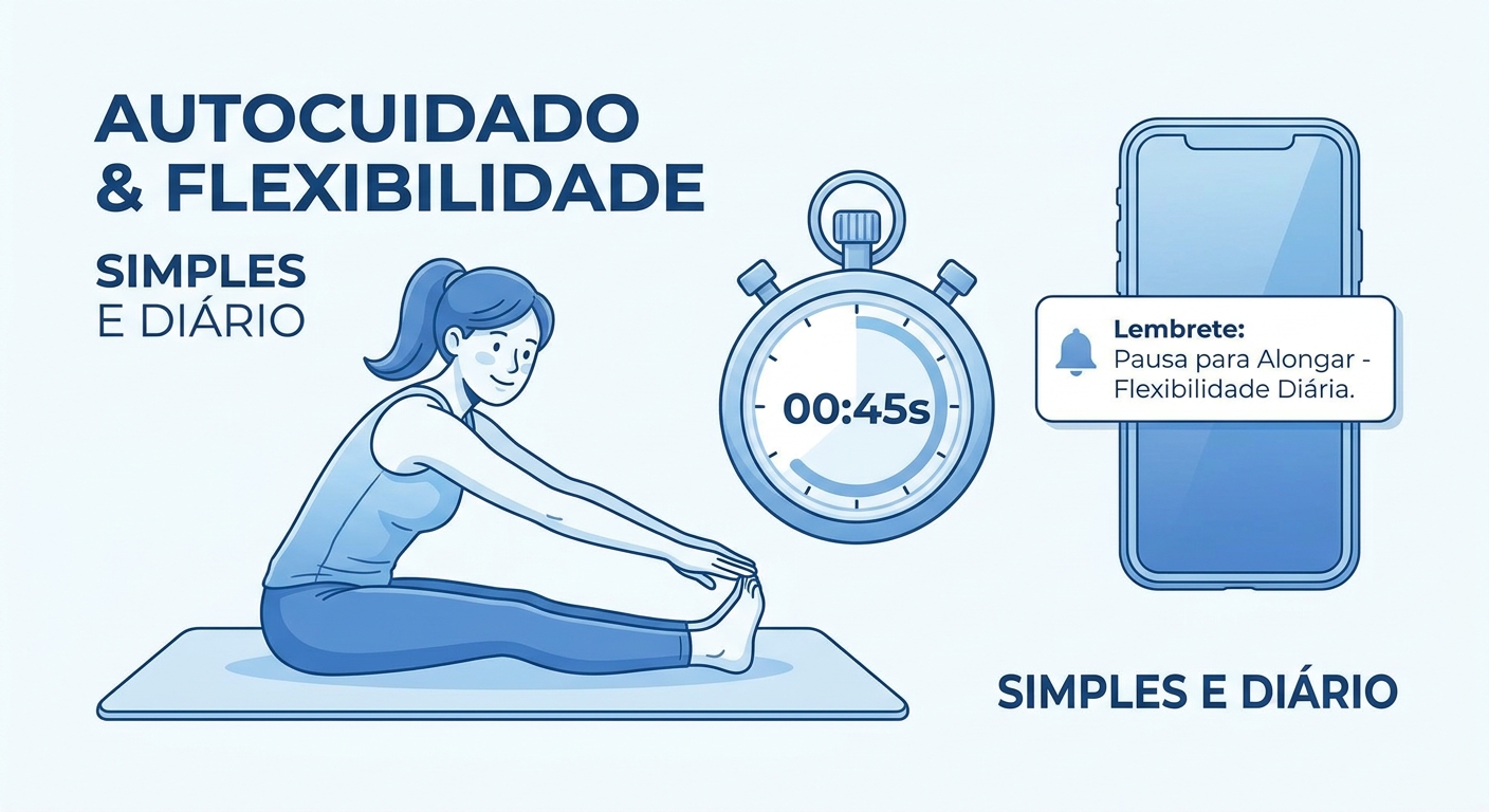 Glossário de alongamento para personal trainer Instrutora de alongamento demonstrando flexibilidade com cronômetro e notificação no celular